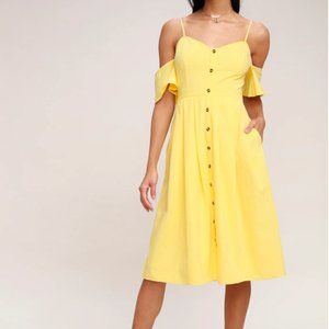 Lulu's I've Got Love Yellow Off-the-Shoulder Midi Dress (size S)